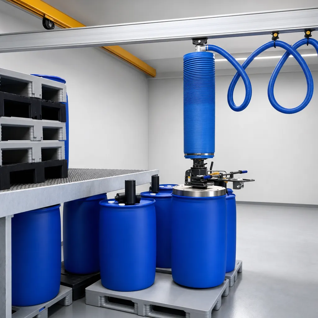Vakuumheber über blauen Fässern in einer hellen Industrieumgebung.